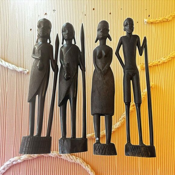 African Blackwood Ebony Hand Carved Sculptures 14” Lot Of 4 Vintage - Picture 1 of 9